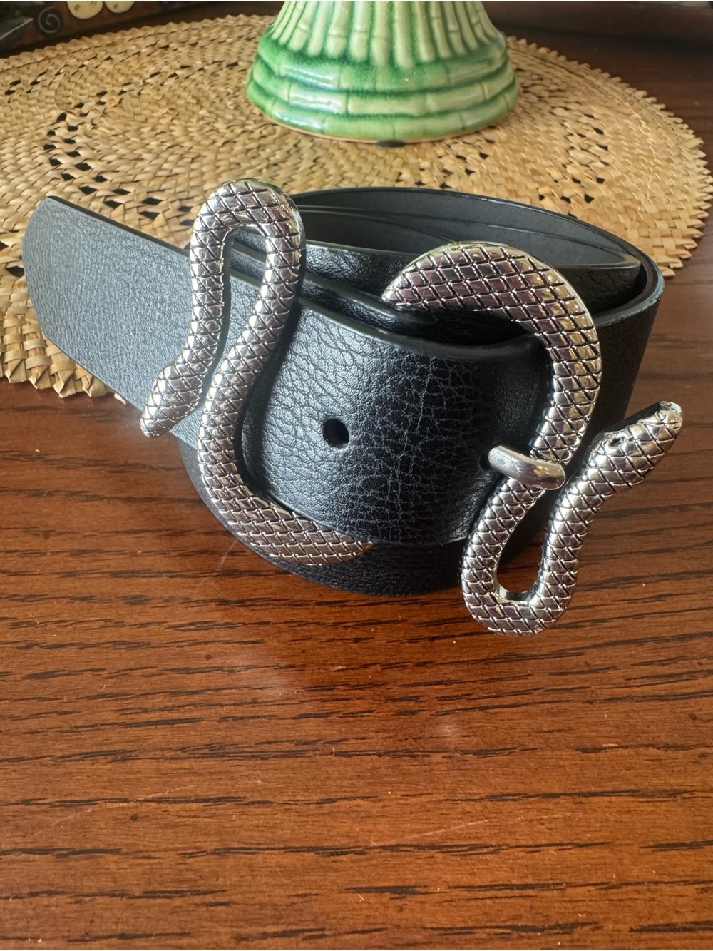 Double Headed Snake Belt Express Size Medium Silver & Black Vegan Leather